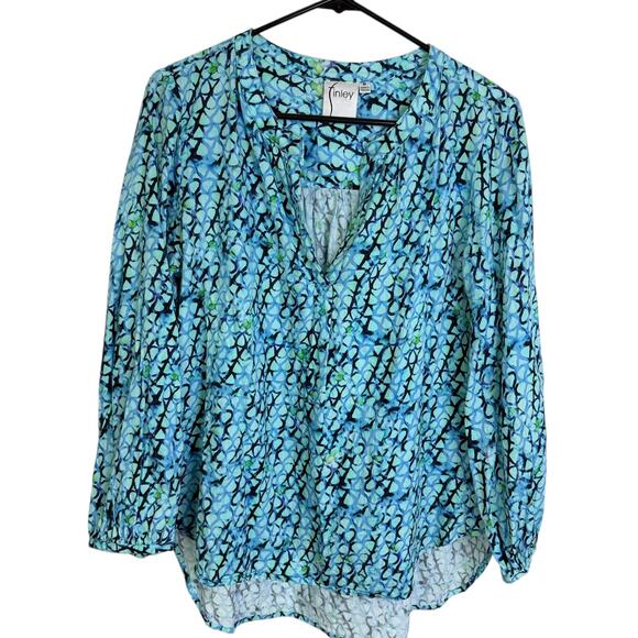Finley Top Womens Medium Blue Shirt Long Sleeve V Neck Printed Boho Artsy Blouse - Picture 1 of 10
